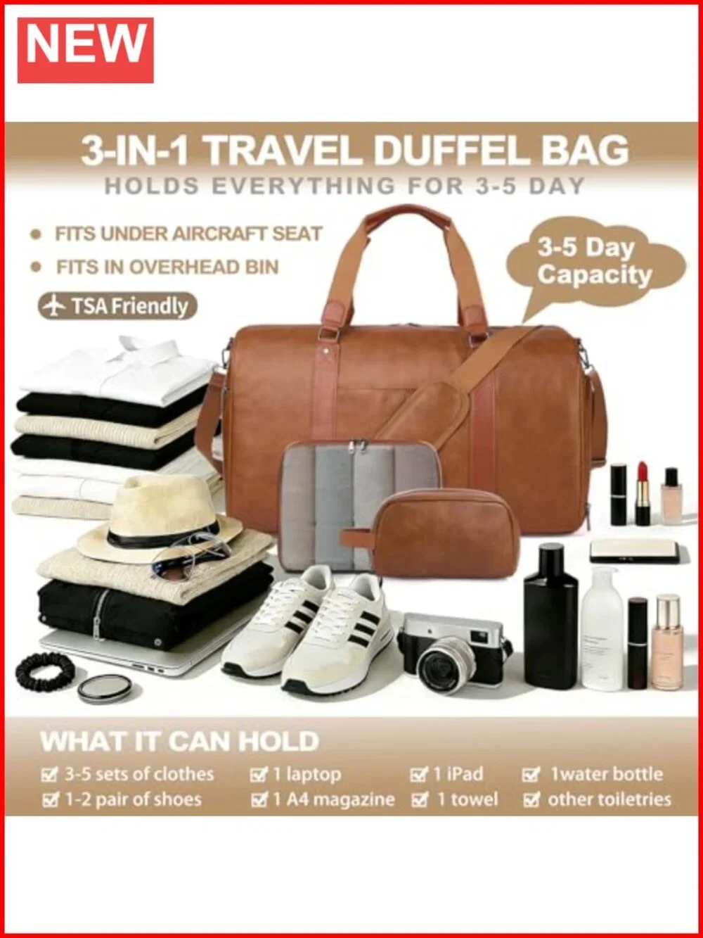 Large 3-in-1 Leather Duffle Bag Travel Weekender Carry On with Shoe Compartment